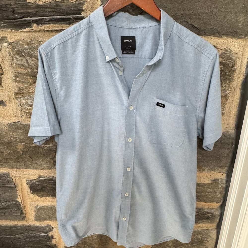 Mens RVCA That'll Do Stretch blue Short Sleeve Button Down Shirt Large slim fit